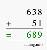 Calculate 638 + 51 using long addition
