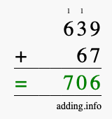 Calculate 639 + 67 using long addition