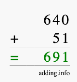 Calculate 640 + 51 using long addition