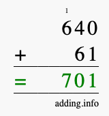 Calculate 640 + 61 using long addition