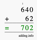 Calculate 640 + 62 using long addition