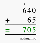 Calculate 640 + 65 using long addition