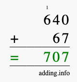 Calculate 640 + 67 using long addition