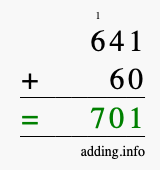 Calculate 641 + 60 using long addition