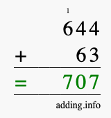 Calculate 644 + 63 using long addition