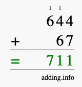 Calculate 644 + 67 using long addition
