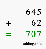 Calculate 645 + 62 using long addition