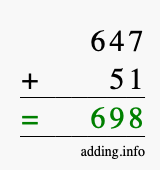 Calculate 647 + 51 using long addition