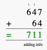 Calculate 647 + 64 using long addition