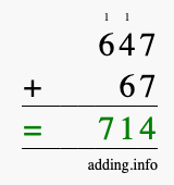 Calculate 647 + 67 using long addition