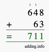 Calculate 648 + 63 using long addition