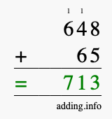 Calculate 648 + 65 using long addition