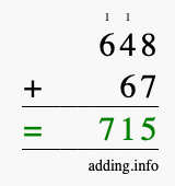 Calculate 648 + 67 using long addition