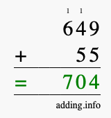 Calculate 649 + 55 using long addition