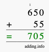 Calculate 650 + 55 using long addition