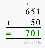 Calculate 651 + 50 using long addition