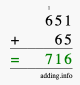 Calculate 651 + 65 using long addition