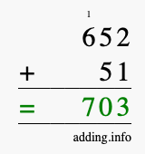 Calculate 652 + 51 using long addition
