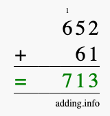 Calculate 652 + 61 using long addition