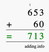 Calculate 653 + 60 using long addition