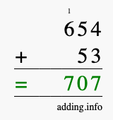 Calculate 654 + 53 using long addition