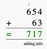 Calculate 654 + 63 using long addition