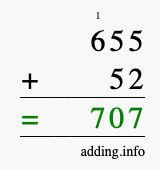 Calculate 655 + 52 using long addition