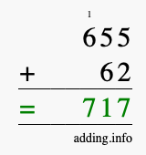 Calculate 655 + 62 using long addition
