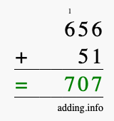 Calculate 656 + 51 using long addition
