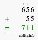 Calculate 656 + 55 using long addition