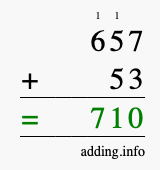 Calculate 657 + 53 using long addition