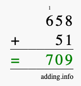 Calculate 658 + 51 using long addition