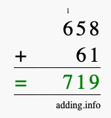 Calculate 658 + 61 using long addition