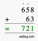 Calculate 658 + 63 using long addition