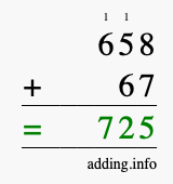 Calculate 658 + 67 using long addition