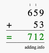 Calculate 659 + 53 using long addition