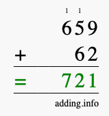 Calculate 659 + 62 using long addition