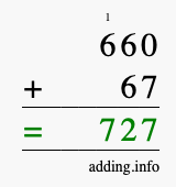 Calculate 660 + 67 using long addition