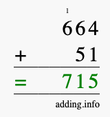 Calculate 664 + 51 using long addition