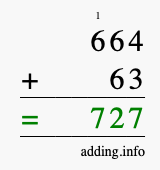 Calculate 664 + 63 using long addition