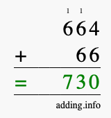 Calculate 664 + 66 using long addition