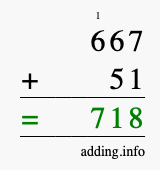Calculate 667 + 51 using long addition