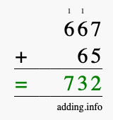 Calculate 667 + 65 using long addition