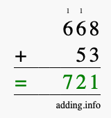 Calculate 668 + 53 using long addition