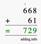 Calculate 668 + 61 using long addition