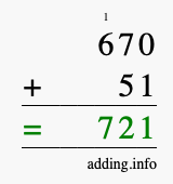 Calculate 670 + 51 using long addition