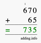 Calculate 670 + 65 using long addition