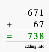 Calculate 671 + 67 using long addition