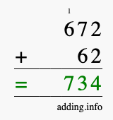 Calculate 672 + 62 using long addition