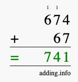 Calculate 674 + 67 using long addition